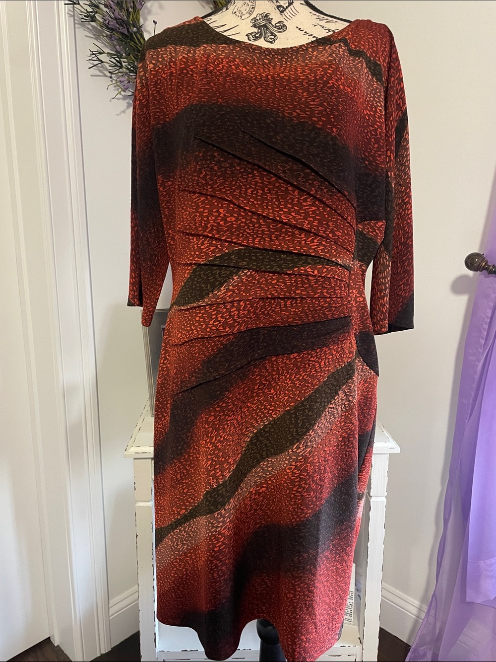 Women's Brown & Orange Patterned Ruched Waist Dress